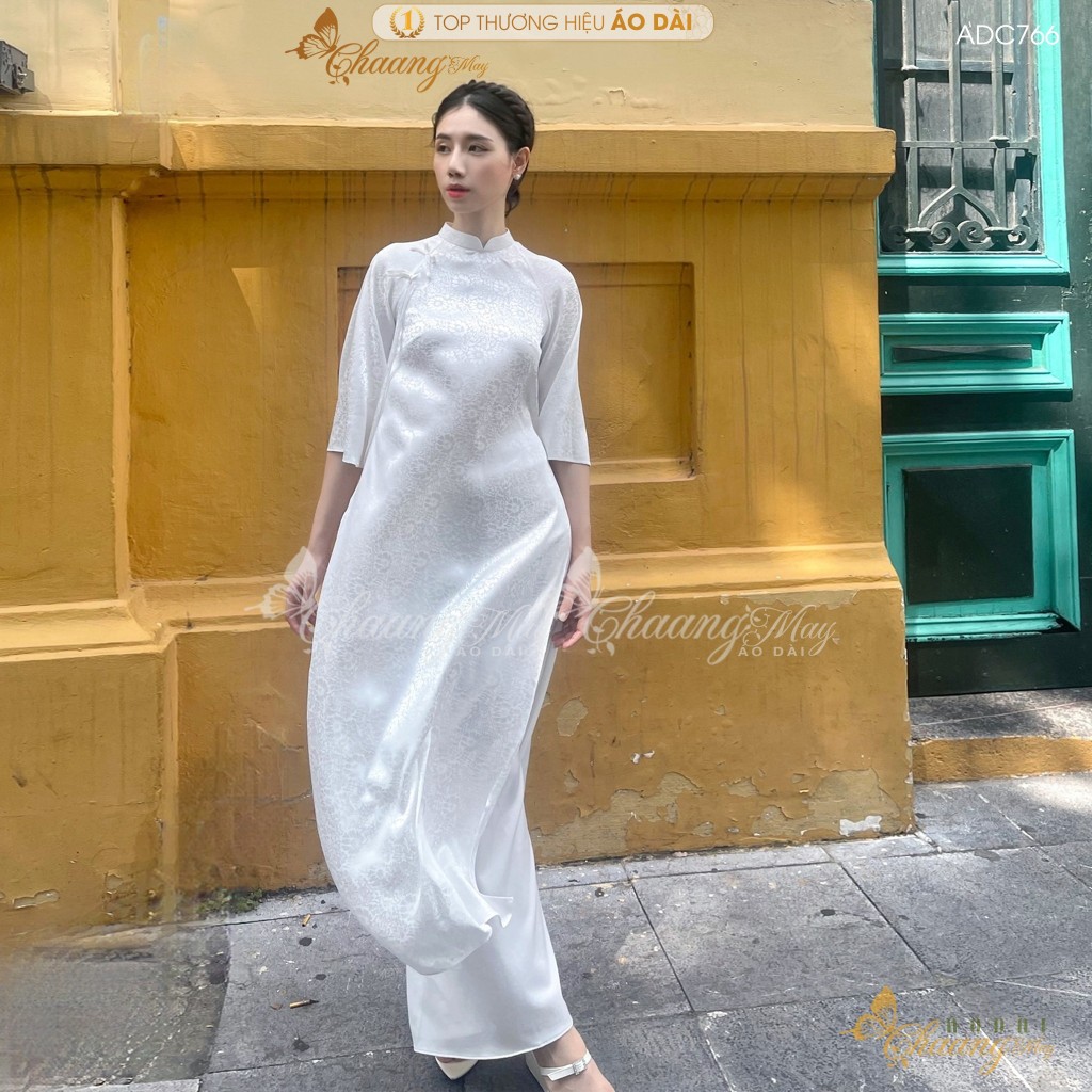 Áo dài Trắng cách tân nữ Gấm nơ Trung Dáng Suông Xưa Chaang may sẵn áo dài xuông rộng dự tiệc cưới lễ tết đẹp ADC766
