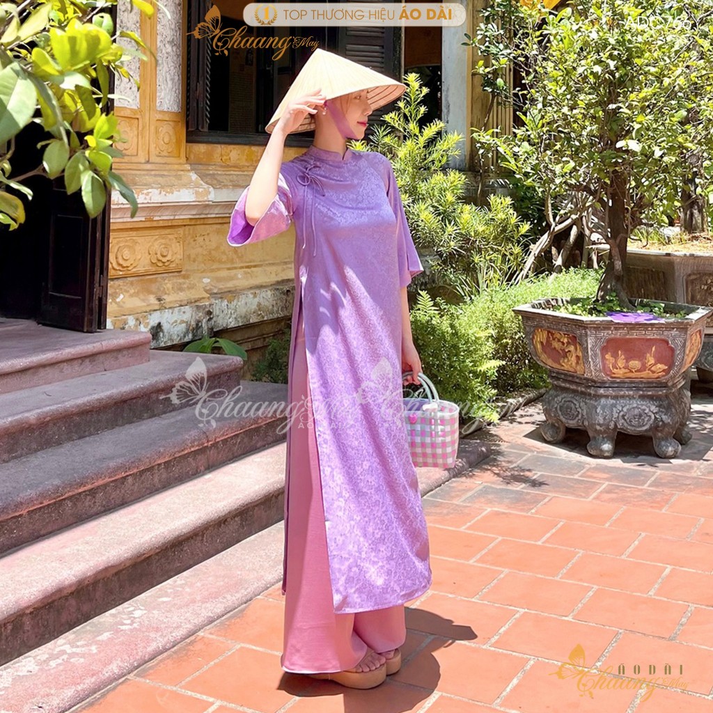 Áo dài cách tân nữ Gấm Tím Trung Dáng Suông Xưa đính nơ Chaang may sẵn áo dài xuông rộng dự tiệc cưới lễ tết đẹp ADC766