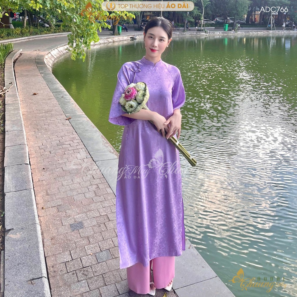 Áo dài cách tân nữ Gấm Tím Trung Dáng Suông Xưa đính nơ Chaang may sẵn áo dài xuông rộng dự tiệc cưới lễ tết đẹp ADC766