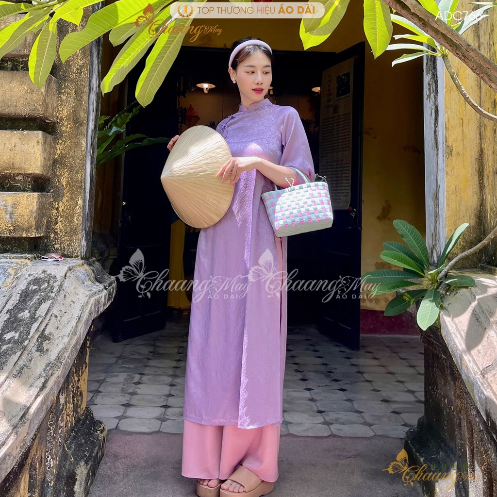 Áo dài cách tân nữ Gấm Tím Trung Dáng Suông Xưa đính nơ Chaang may sẵn áo dài xuông rộng dự tiệc cưới lễ tết đẹp ADC766