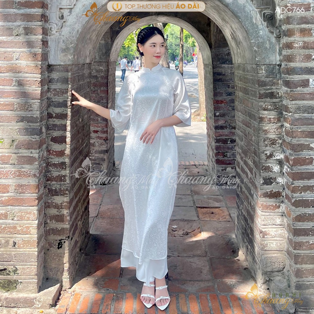 Áo dài Trắng cách tân nữ Gấm nơ Trung Dáng Suông Xưa Chaang may sẵn áo dài xuông rộng dự tiệc cưới lễ tết đẹp ADC766