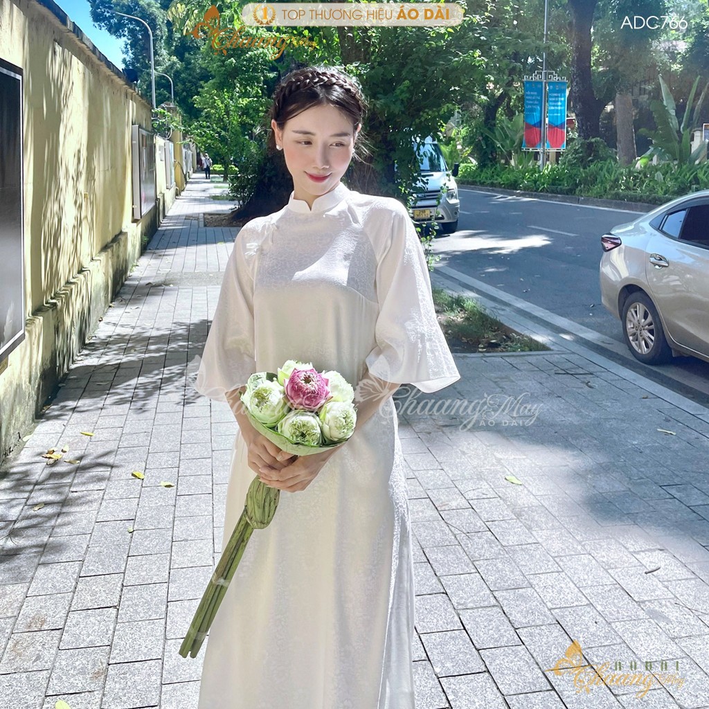 Áo dài Trắng cách tân nữ Gấm nơ Trung Dáng Suông Xưa Chaang may sẵn áo dài xuông rộng dự tiệc cưới lễ tết đẹp ADC766