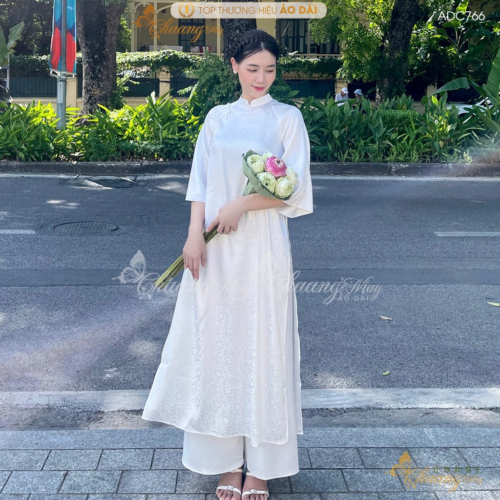 Áo dài Trắng cách tân nữ Gấm nơ Trung Dáng Suông Xưa Chaang may sẵn áo dài xuông rộng dự tiệc cưới lễ tết đẹp ADC766