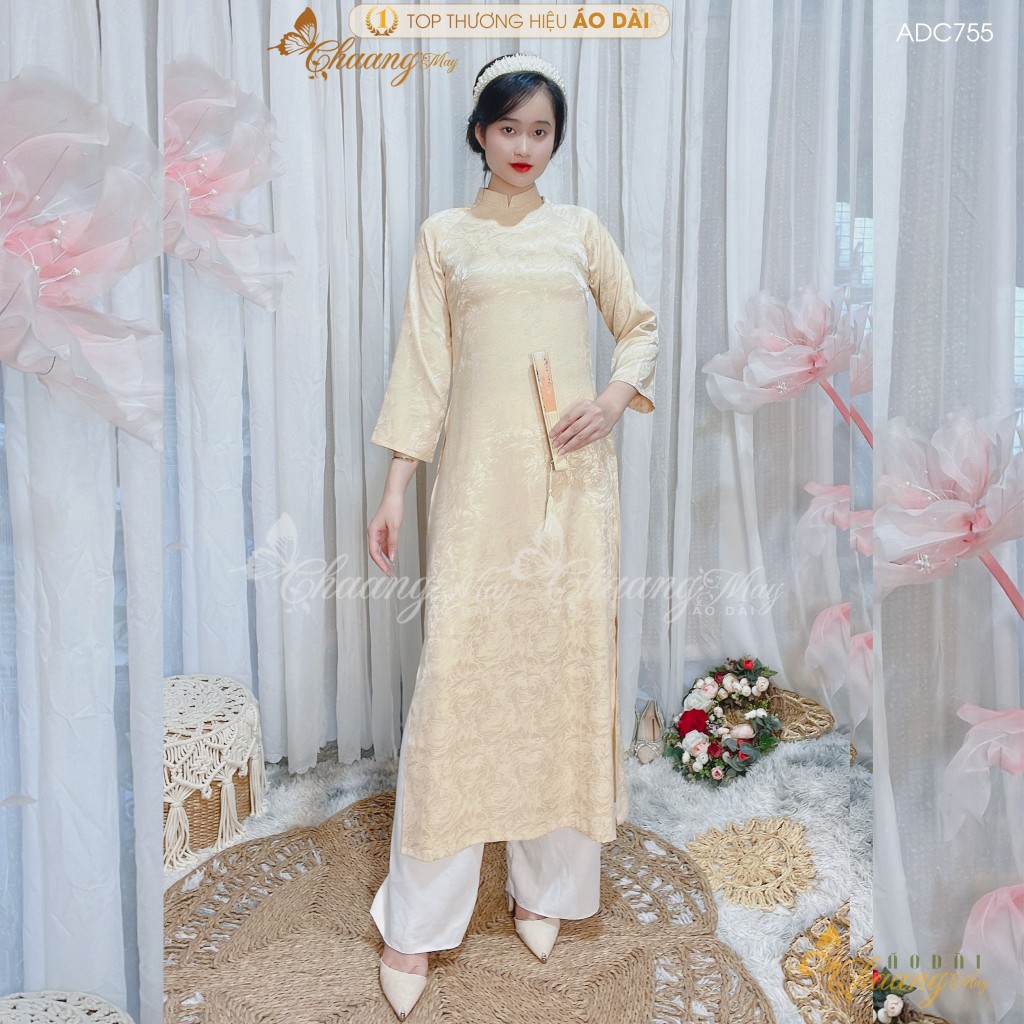 Áo dài cách tân nữ Gấm kem Trung Dáng Suông Xưa đính nơ Chaang may sẵn áo dài xuông rộng dự tiệc cưới lễ tết đẹp ADC766