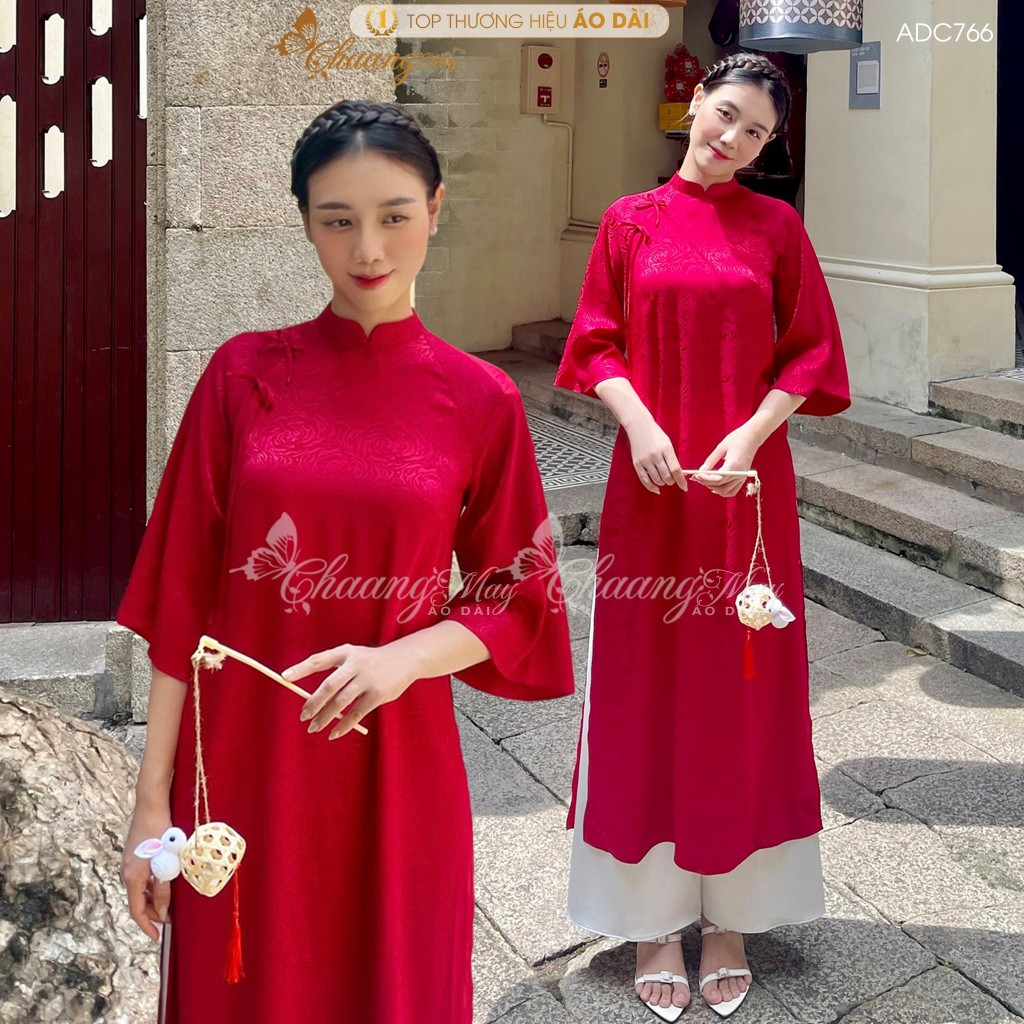 Áo dài cách tân nữ Gấm kem Trung Dáng Suông Xưa đính nơ Chaang may sẵn áo dài xuông rộng dự tiệc cưới lễ tết đẹp ADC766