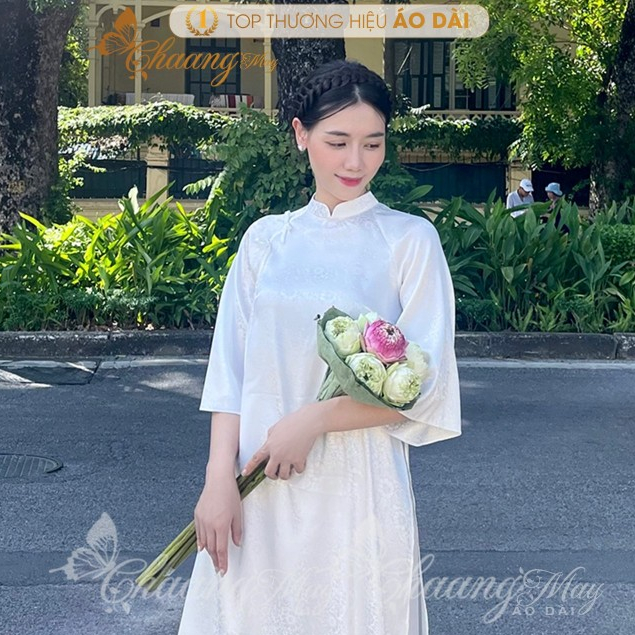 Áo dài Trắng cách tân nữ Gấm nơ Trung Dáng Suông Xưa Chaang may sẵn áo dài xuông rộng dự tiệc cưới lễ tết đẹp ADC766
