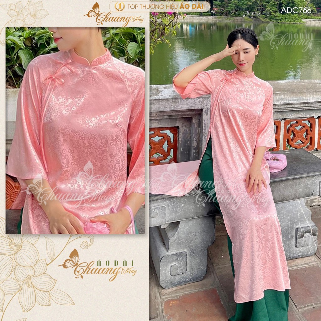 Áo dài cách tân nữ Gấm Trung Dáng Suông Xưa đính nơ Chaang may sẵn áo dài xuông bầu rộng dự tiệc cưới lễ tết đẹp ADC766