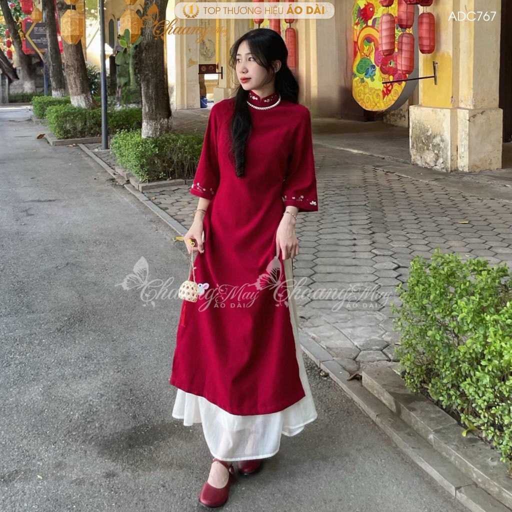 Áo dài Tết cách tân nữ dáng suông xưa Chaang may sẵn vải áo dài Nhung Tăm thêu hoa nhí xuông dự tiệc cưới lễ đẹp ADC767
