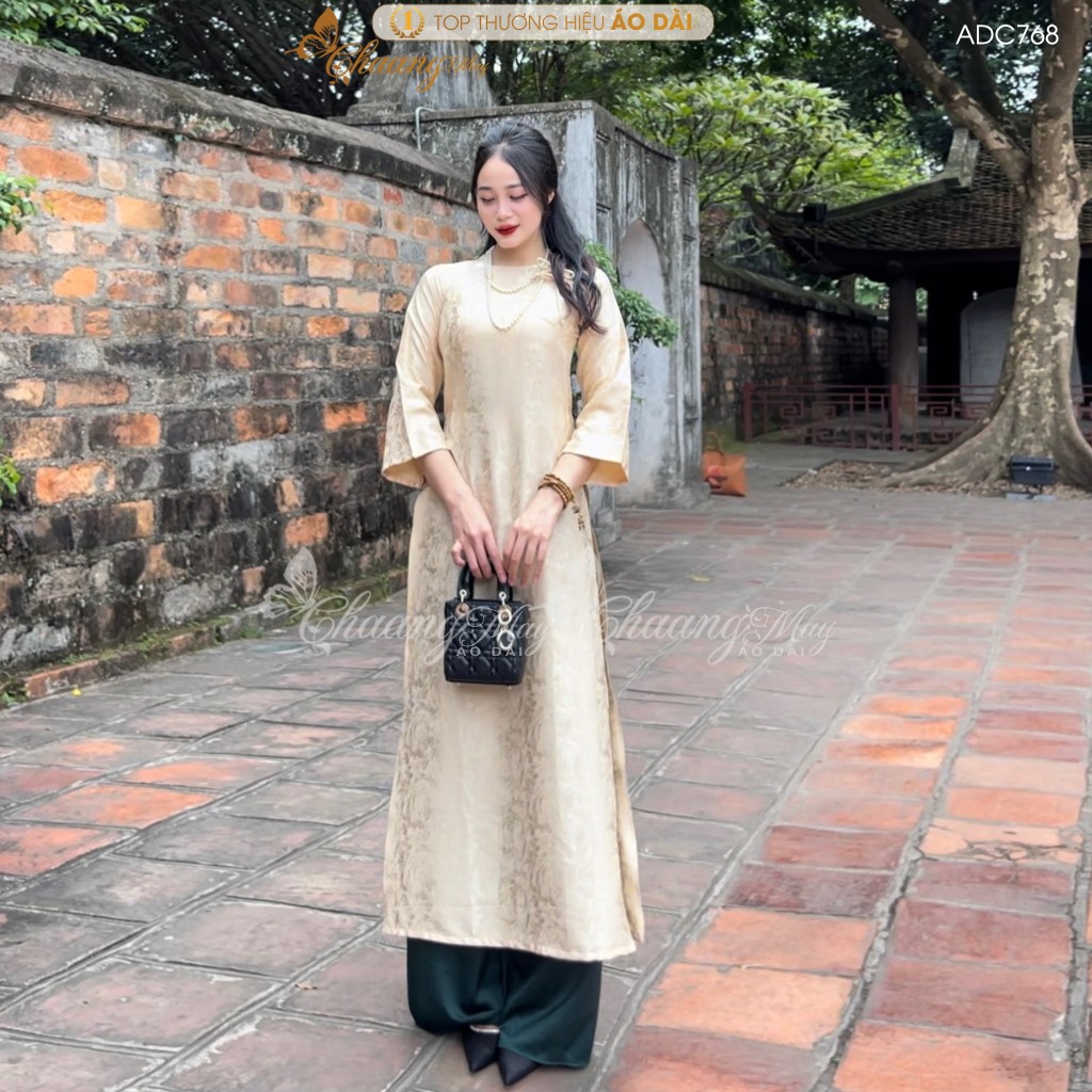 Áo dài gấm be Kem cách tân nữ dáng suông xưa Chaang may sẵn áo dài xuông đính nơ bầu dự tiệc cưới hỏi lễ tết đẹp ADC768
