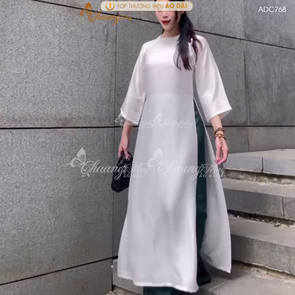 Áo dài Gấm Trắng cách tân nữ dáng suông xưa Chaang may sẵn áo dài xuông rộng nơ bầu dự tiệc cưới hỏi lễ tết đẹp ADC768