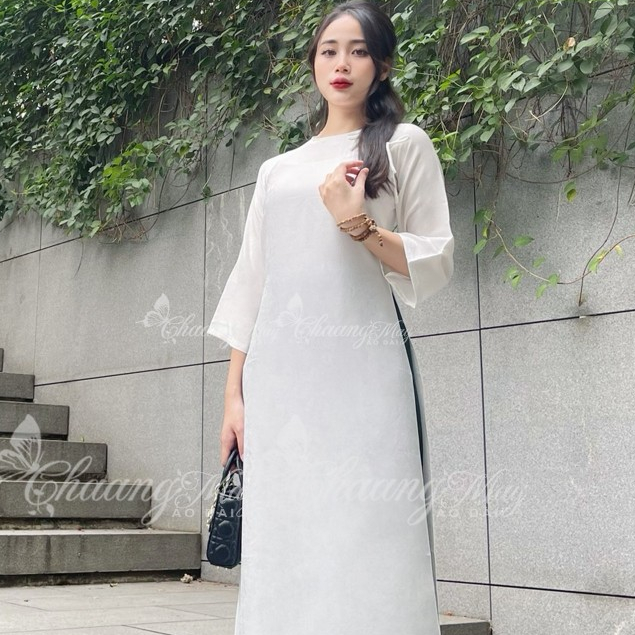 Áo dài Gấm Trắng cách tân nữ dáng suông xưa Chaang may sẵn áo dài xuông rộng nơ bầu dự tiệc cưới hỏi lễ tết đẹp ADC768