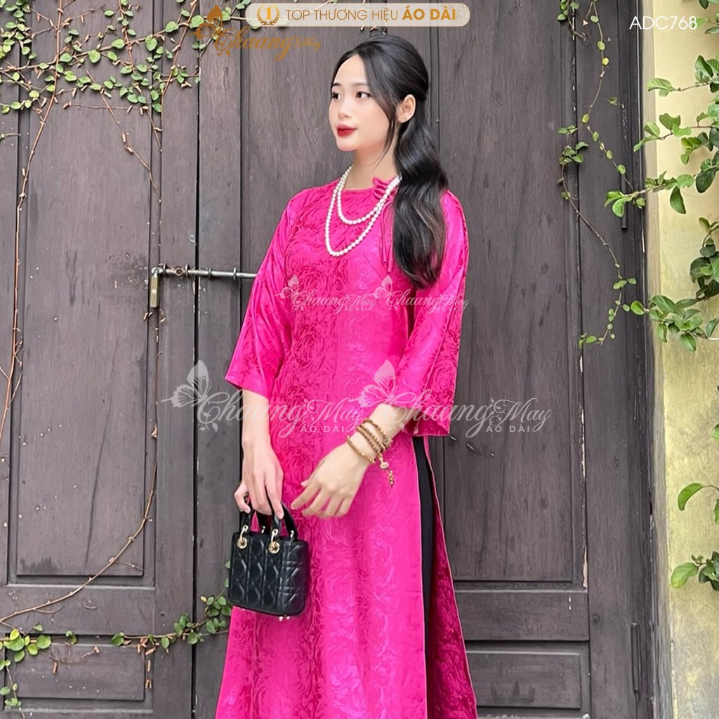 Áo dài Gấm hồng sen cách tân nữ dáng suông xưa Chaang may sẵn áo dài xuông rộng nơ bầu dự tiệc cưới hỏi lễ tết đẹp AD768