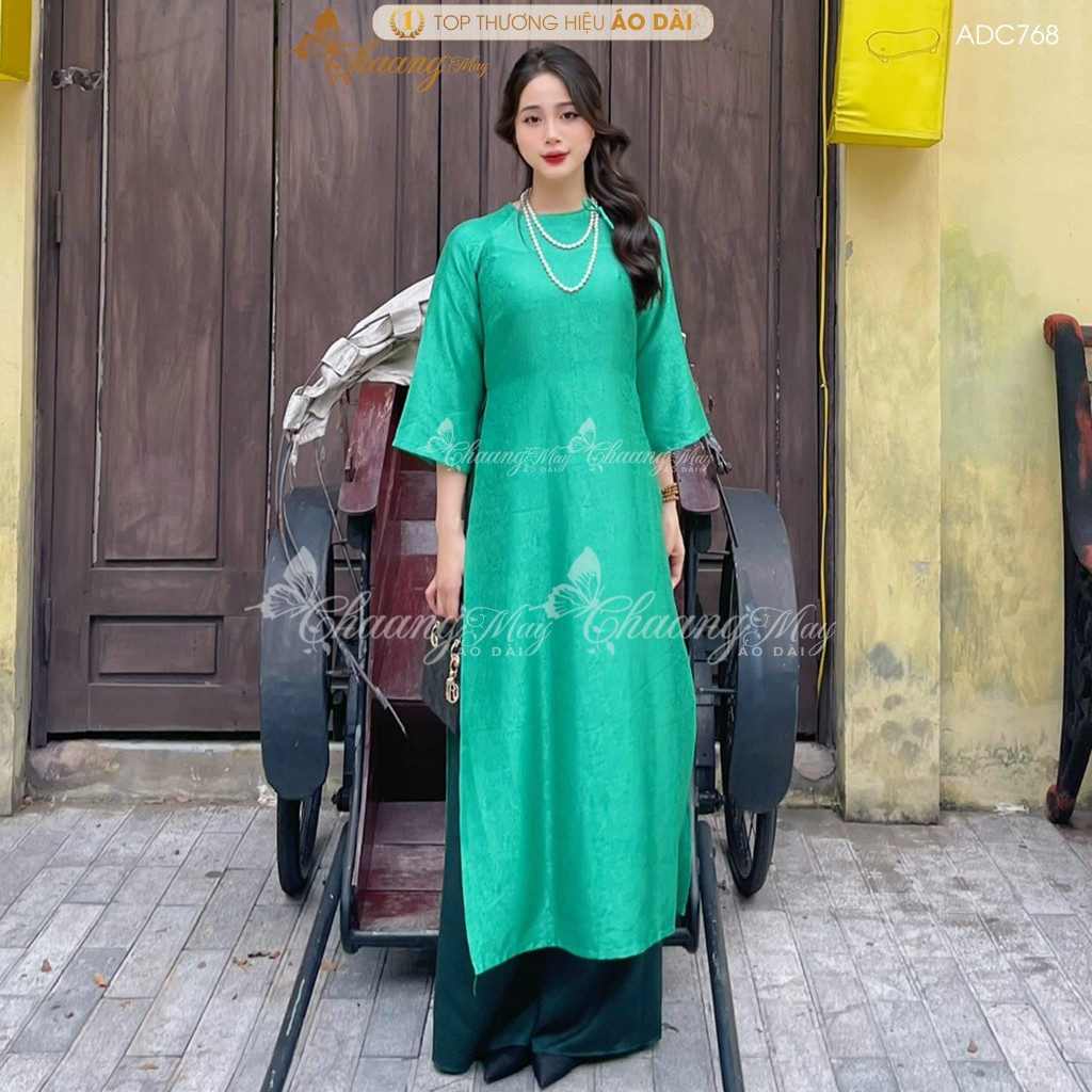 Áo dài Gấm Xanh Lá cách tân nữ dáng suông xưa Chaang may sẵn áo dài xuông rộng bầu dự tiệc cưới hỏi lễ tết đẹp ADC768