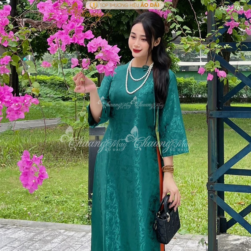 Áo dài Gấm Xanh Rêu cách tân nữ dáng suông xưa Chaang may sẵn áo dài xuông rộng bầu dự tiệc cưới hỏi lễ tết đẹp ADC768