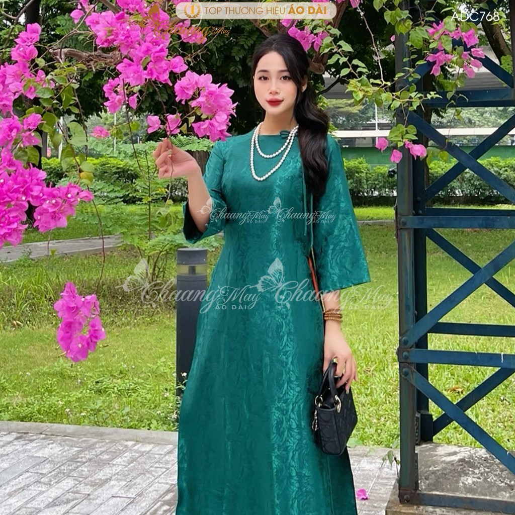 Áo dài Gấm Xanh Rêu cách tân nữ dáng suông xưa Chaang may sẵn áo dài xuông rộng bầu dự tiệc cưới hỏi lễ tết đẹp ADC768