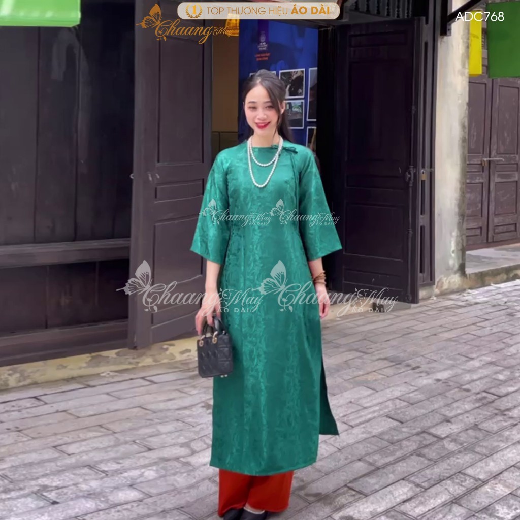 Áo dài Gấm Xanh Rêu cách tân nữ dáng suông xưa Chaang may sẵn áo dài xuông rộng bầu dự tiệc cưới hỏi lễ tết đẹp ADC768