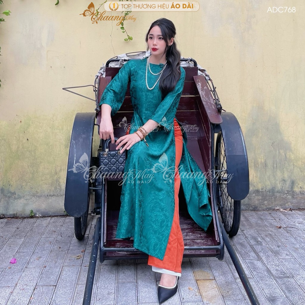 Áo dài Gấm Xanh Rêu cách tân nữ dáng suông xưa Chaang may sẵn áo dài xuông rộng bầu dự tiệc cưới hỏi lễ tết đẹp ADC768
