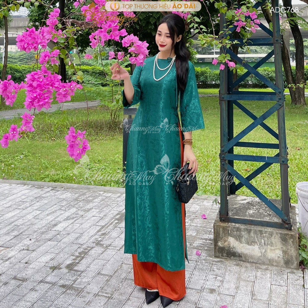 Áo dài Gấm Xanh Rêu cách tân nữ dáng suông xưa Chaang may sẵn áo dài xuông rộng bầu dự tiệc cưới hỏi lễ tết đẹp ADC768