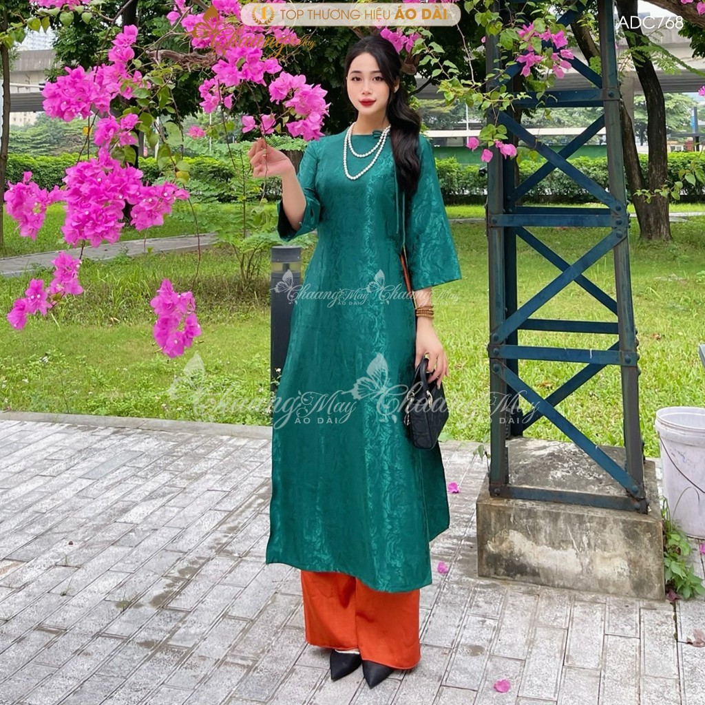 Áo dài Gấm Xanh Rêu cách tân nữ dáng suông xưa Chaang may sẵn áo dài xuông rộng bầu dự tiệc cưới hỏi lễ tết đẹp ADC768
