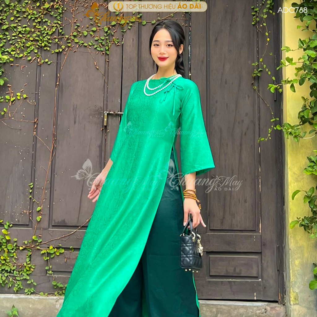 Áo dài Gấm Xanh Lá cách tân nữ dáng suông xưa Chaang may sẵn áo dài xuông rộng bầu dự tiệc cưới hỏi lễ tết đẹp ADC768