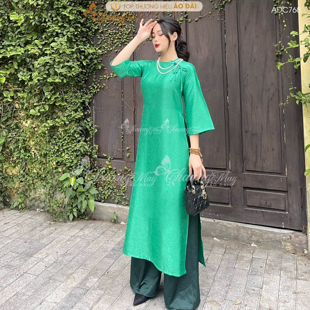 Áo dài Gấm Xanh Lá cách tân nữ dáng suông xưa Chaang may sẵn áo dài xuông rộng bầu dự tiệc cưới hỏi lễ tết đẹp ADC768