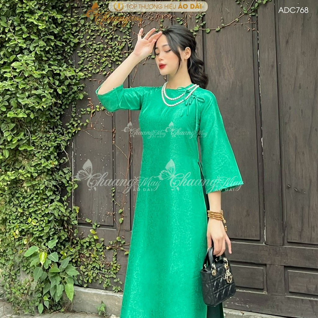 Áo dài Gấm Xanh Lá cách tân nữ dáng suông xưa Chaang may sẵn áo dài xuông rộng bầu dự tiệc cưới hỏi lễ tết đẹp ADC768