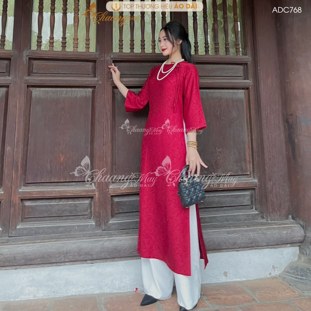 Áo dài Gấm Đỏ Đô Tươi cách tân nữ dáng suông xưa Chaang may sẵn áo dài xuông rộng bầu dự tiệc cưới hỏi lễ tết đẹp ADC768