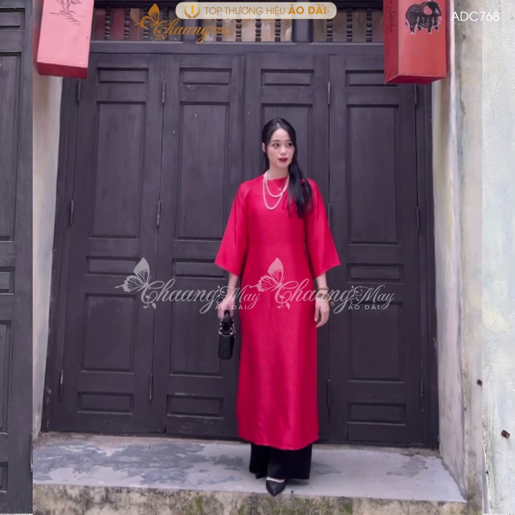 Áo dài Gấm Đỏ Đô Tươi cách tân nữ dáng suông xưa Chaang may sẵn áo dài xuông rộng bầu dự tiệc cưới hỏi lễ tết đẹp ADC768