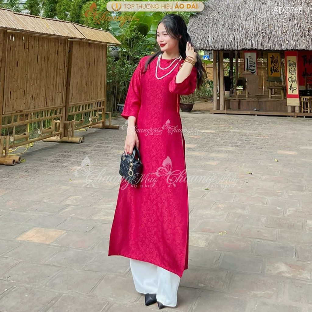 Áo dài Gấm Đỏ Đô Tươi cách tân nữ dáng suông xưa Chaang may sẵn áo dài xuông rộng bầu dự tiệc cưới hỏi lễ tết đẹp ADC768