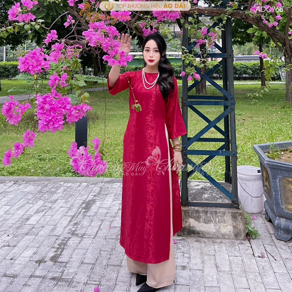 Áo dài Gấm Đỏ Đô Tươi cách tân nữ dáng suông xưa Chaang may sẵn áo dài xuông rộng bầu dự tiệc cưới hỏi lễ tết đẹp ADC768