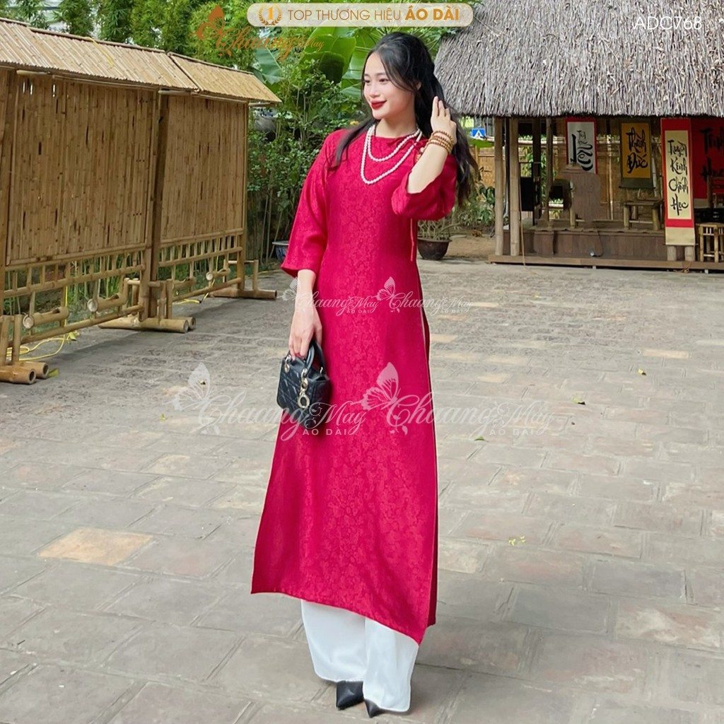 Áo dài Gấm Đỏ cách tân nữ dáng suông xưa Chaang may sẵn áo dài xuông rộng đính nơ bầu dự tiệc cưới hỏi lễ tết đẹp ADC768