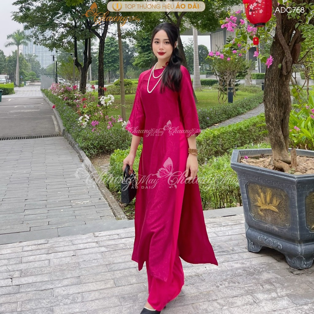 Áo dài Gấm Đỏ cách tân nữ dáng suông xưa Chaang may sẵn áo dài xuông rộng đính nơ bầu dự tiệc cưới hỏi lễ tết đẹp ADC768