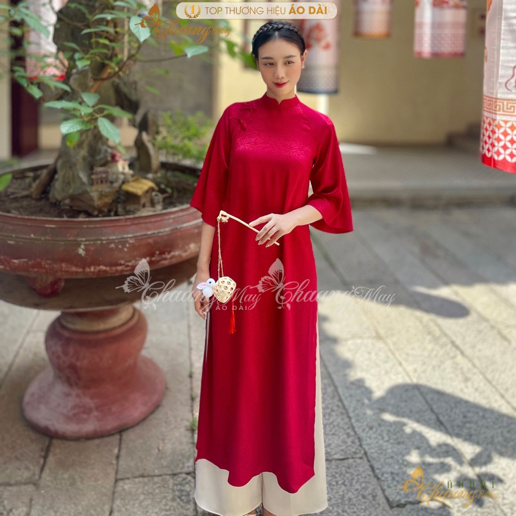 Áo dài cách tân nữ Gấm kem Trung Dáng Suông Xưa đính nơ Chaang may sẵn áo dài xuông rộng dự tiệc cưới lễ tết đẹp ADC766