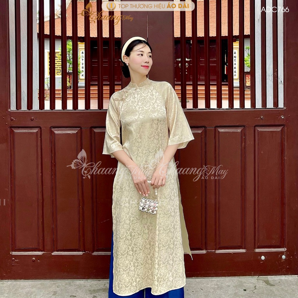 Áo dài cách tân nữ Gấm kem Trung Dáng Suông Xưa đính nơ Chaang may sẵn áo dài xuông rộng dự tiệc cưới lễ tết đẹp ADC766