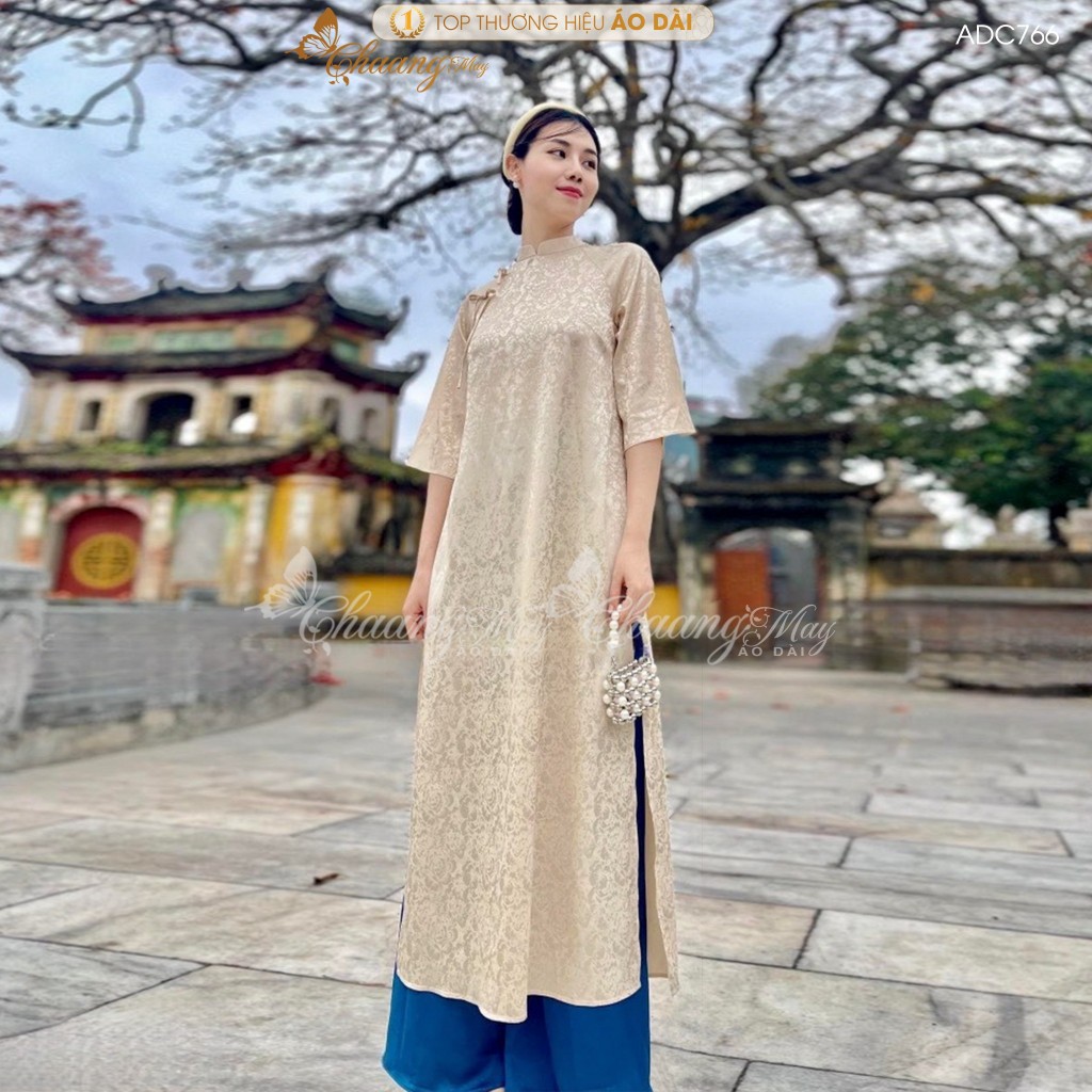 Áo dài cách tân nữ Gấm kem Trung Dáng Suông Xưa đính nơ Chaang may sẵn áo dài xuông rộng dự tiệc cưới lễ tết đẹp ADC766