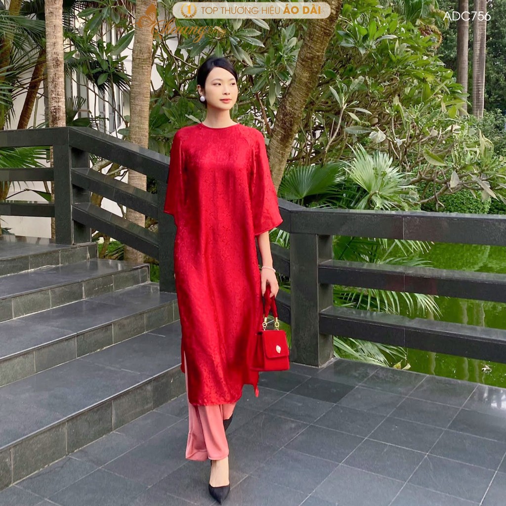 Áo dài gấm cách tân nữ cổ tròn dáng suông xưa Chaang may sẵn áo dài xuông bầu dễ mặc dự tiệc cưới hỏi lễ tết đẹp ADC756