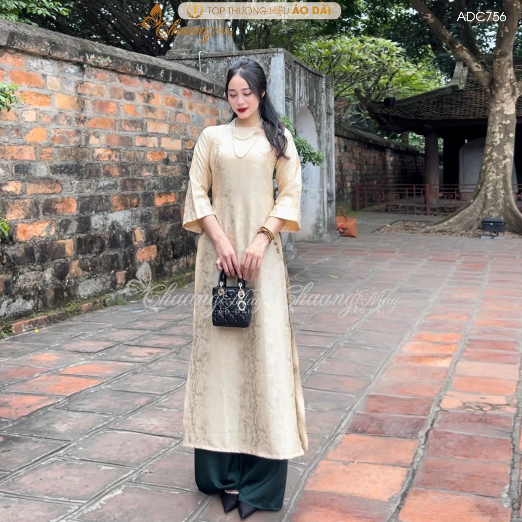 Áo dài gấm cách tân nữ cổ tròn dáng suông xưa Chaang may sẵn áo dài xuông bầu dễ mặc dự tiệc cưới hỏi lễ tết đẹp ADC756
