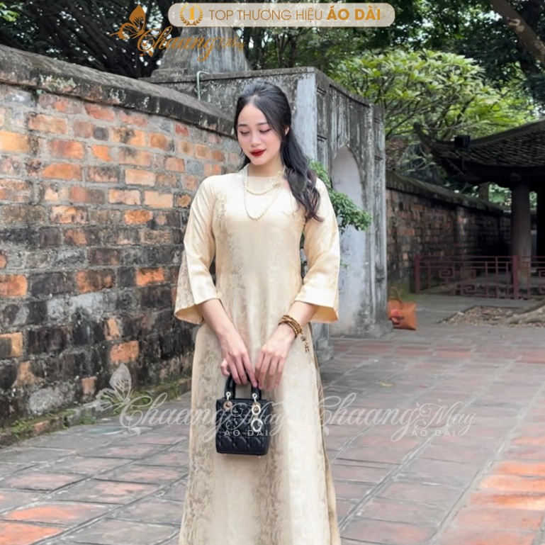 Áo dài gấm cách tân nữ cổ tròn dáng suông xưa Chaang may sẵn áo dài xuông bầu dễ mặc dự tiệc cưới hỏi lễ tết đẹp ADC756
