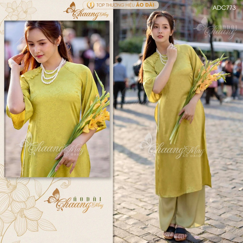 Áo dài Tết cách tân nữ Gấm cúc hoa gió dáng suông xưa Chaang may sẵn áo dài xuông bầu rộng dự lễ tiệc cưới đẹp ADC773