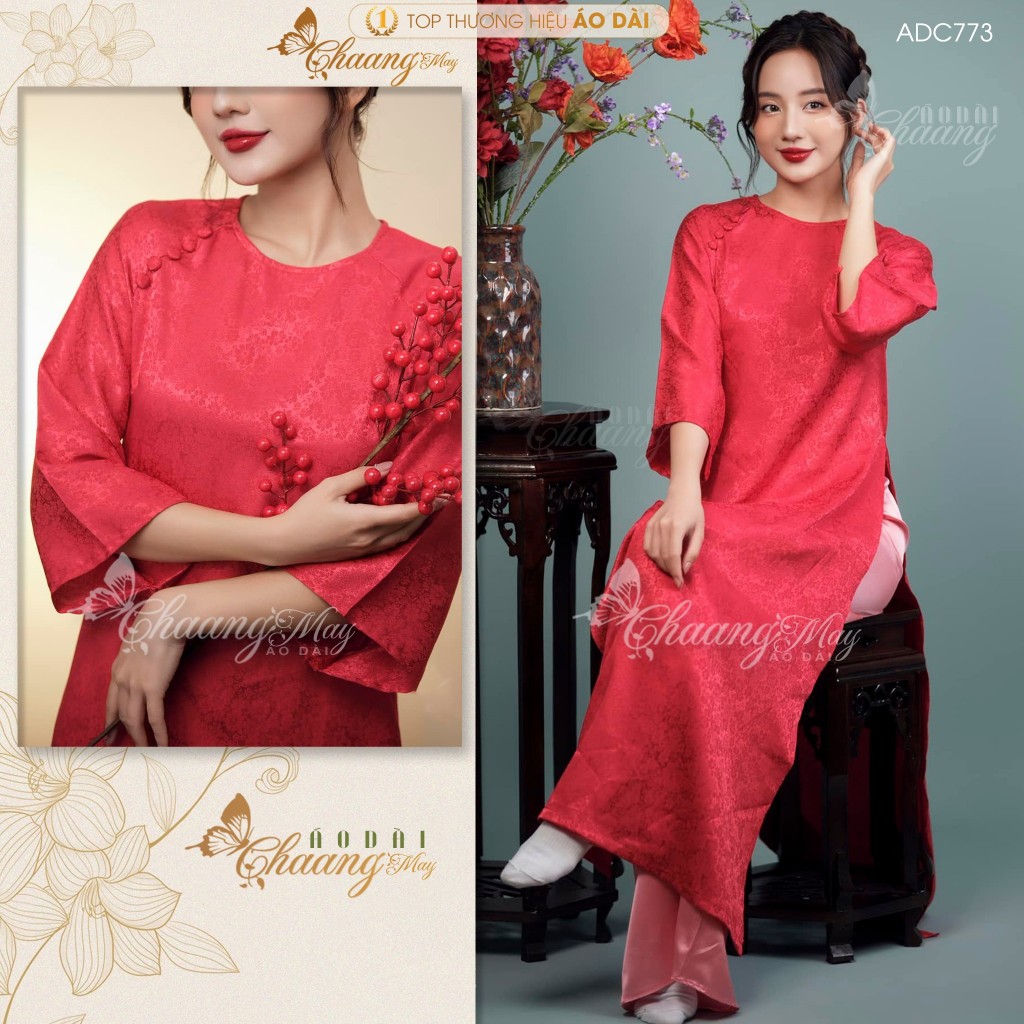 Áo dài Tết cách tân nữ Gấm cúc hoa gió dáng suông xưa Chaang may sẵn áo dài xuông bầu rộng dự lễ tiệc cưới đẹp ADC773