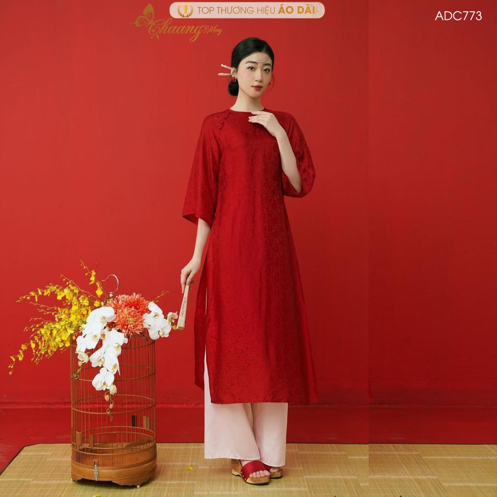 Áo dài Tết cách tân nữ Gấm cúc hoa gió dáng suông xưa Chaang may sẵn áo dài xuông bầu rộng dự lễ tiệc cưới đẹp ADC773