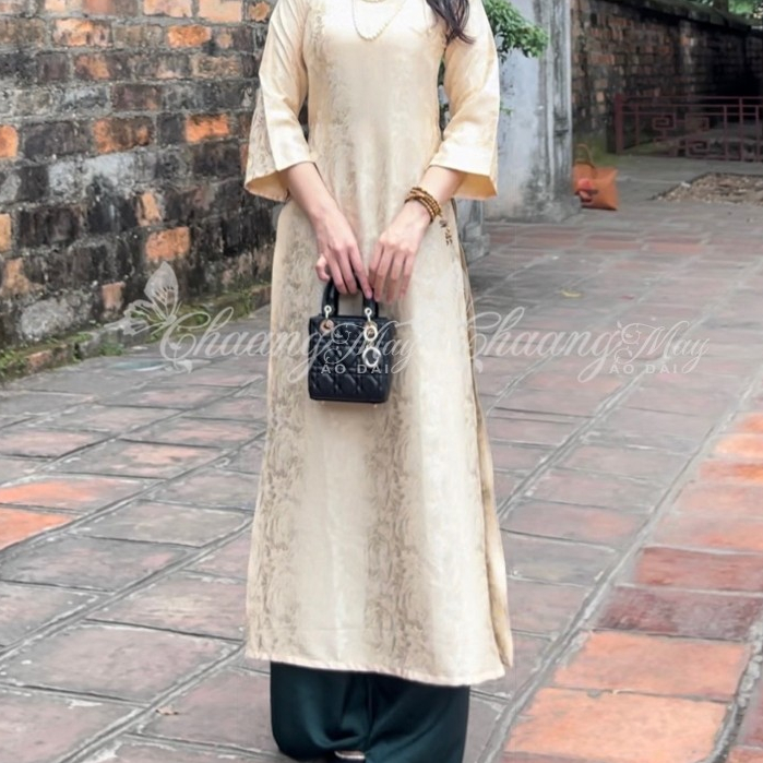 Áo dài Tết cách tân nữ Gấm cúc hoa gió dáng suông xưa Chaang may sẵn áo dài xuông bầu rộng dự lễ tiệc cưới đẹp ADC773