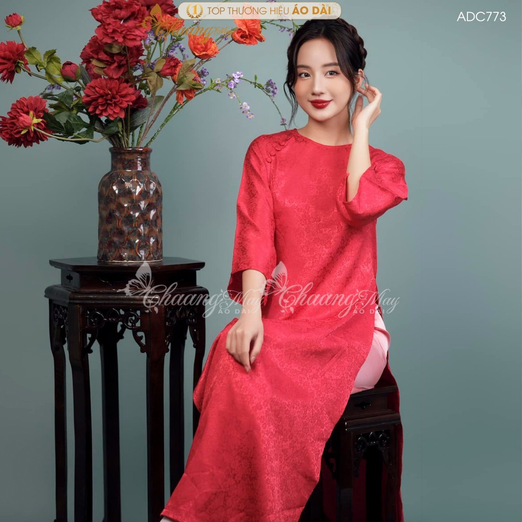 Áo dài cách tân nữ Gấm cúc vải đỏ đô dáng suông xưa Chaang may sẵn áo dài xuông bầu rộng dự tiệc cưới lễ Tết đẹp ADC773
