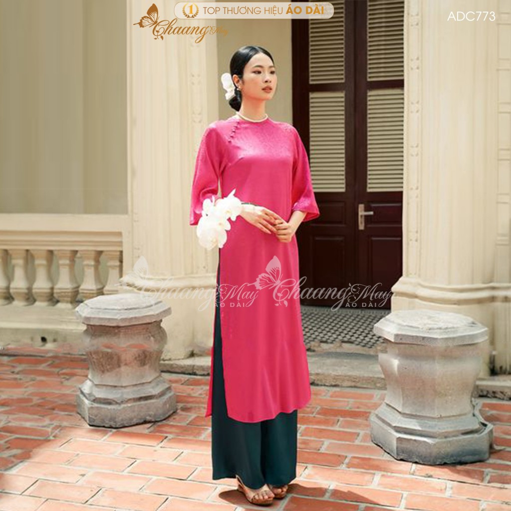 Áo dài cách tân nữ Gấm cúc vải hồng sen dáng suông xưa Chaang may sẵn áo dài xuông bầu dự tiệc cưới lễ Tết đẹp ADC773