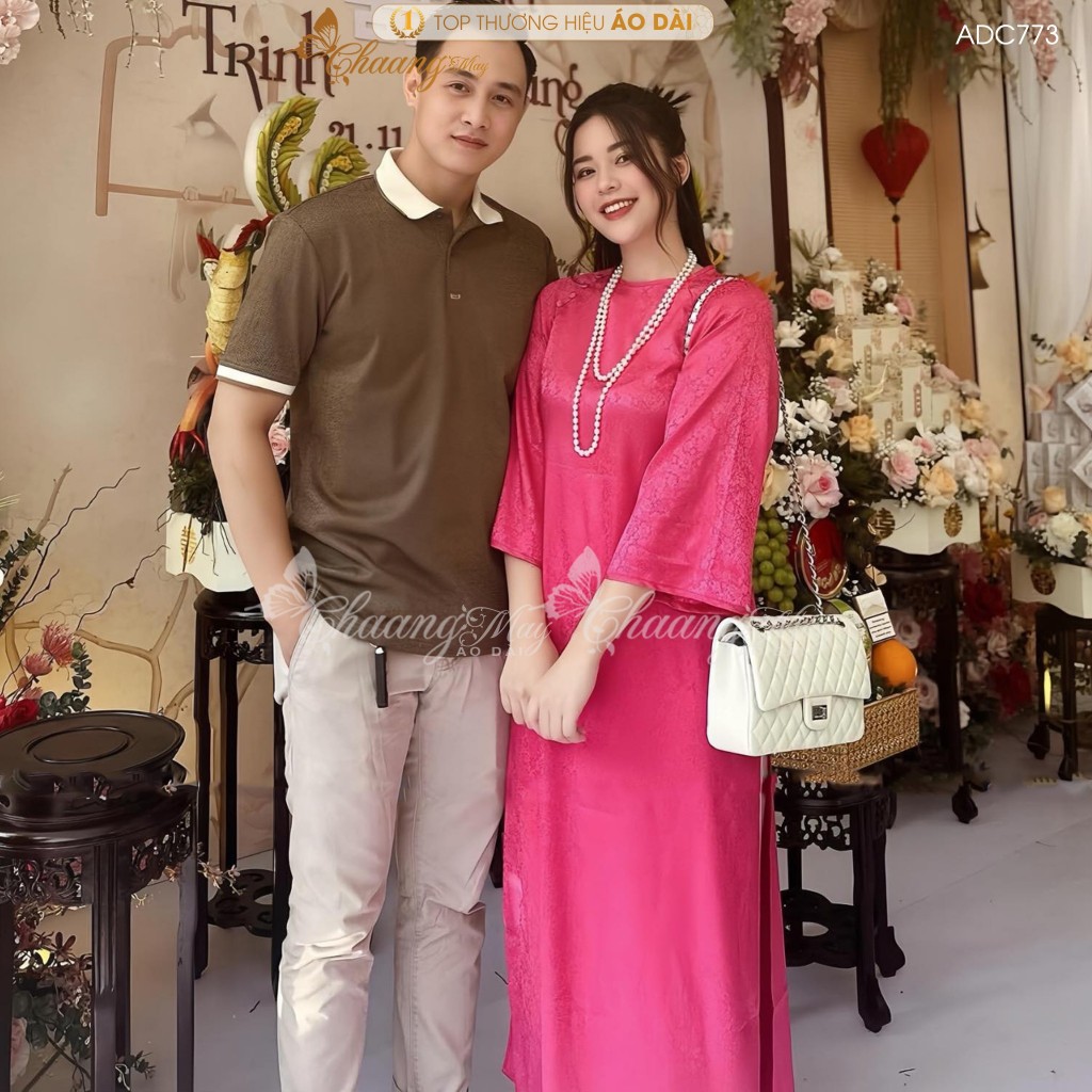 Áo dài cách tân nữ Gấm cúc vải hồng sen dáng suông xưa Chaang may sẵn áo dài xuông bầu dự tiệc cưới lễ Tết đẹp ADC773