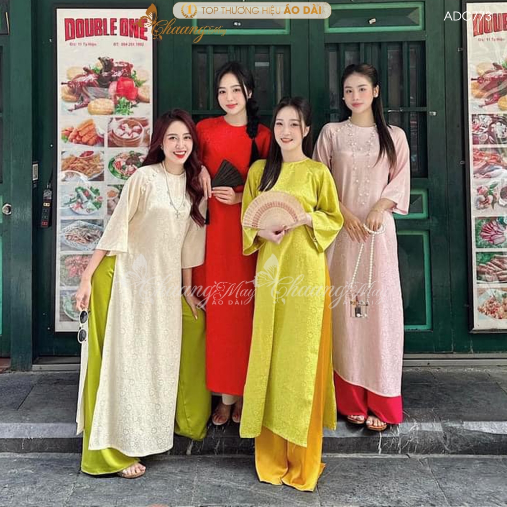 Áo dài Tết cách tân nữ Gấm cúc hoa gió dáng suông xưa Chaang may sẵn áo dài xuông bầu rộng dự lễ tiệc cưới đẹp ADC773