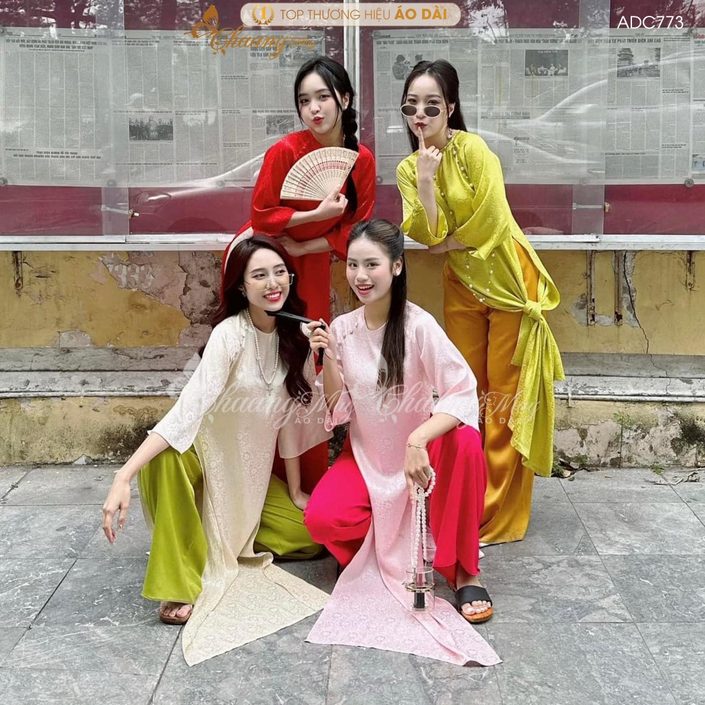Áo dài Tết cách tân nữ Gấm cúc hoa gió dáng suông xưa Chaang may sẵn áo dài xuông bầu rộng dự lễ tiệc cưới đẹp ADC773