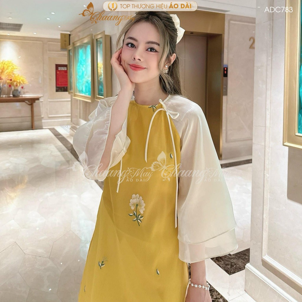 Áo dài cách tân nữ 4 tà Đường Yên dáng suông Chaang may sẵn áo dài lụa nơ thêu hoa nhí dự tiệc cưới lễ Tết đẹp ADC783