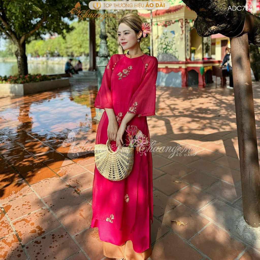Áo dài cách tân nữ 4 tà Nhã Kỳ dáng suông Chaang may sẵn áo dài xuông bầu thêu hoa nhí dự tiệc cưới lễ Tết đẹp ADC784