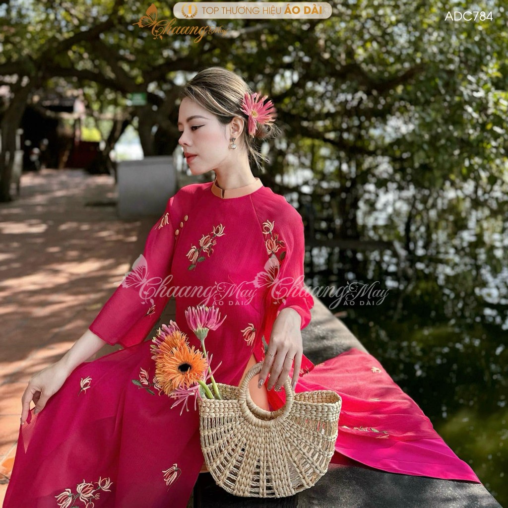 Áo dài cách tân nữ 4 tà Nhã Kỳ dáng suông Chaang may sẵn áo dài xuông bầu thêu hoa nhí dự tiệc cưới lễ Tết đẹp ADC784